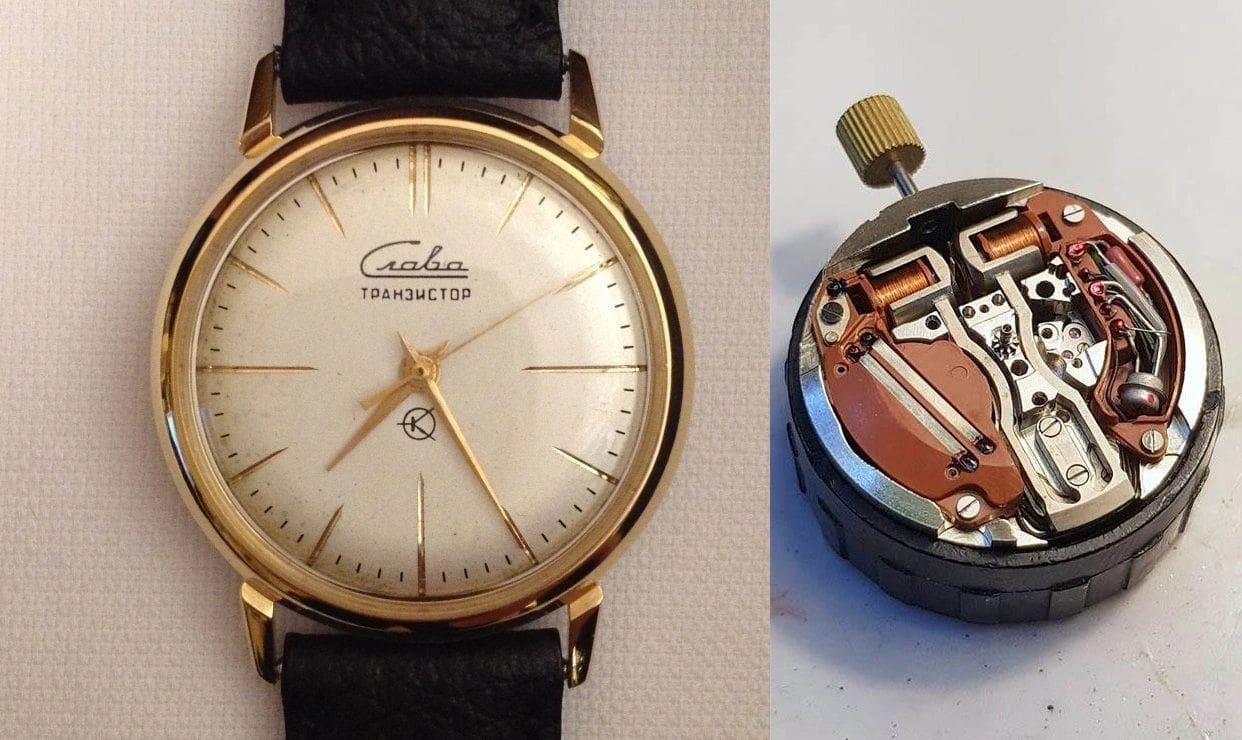 Gold Slava watch with exposed mechanism.