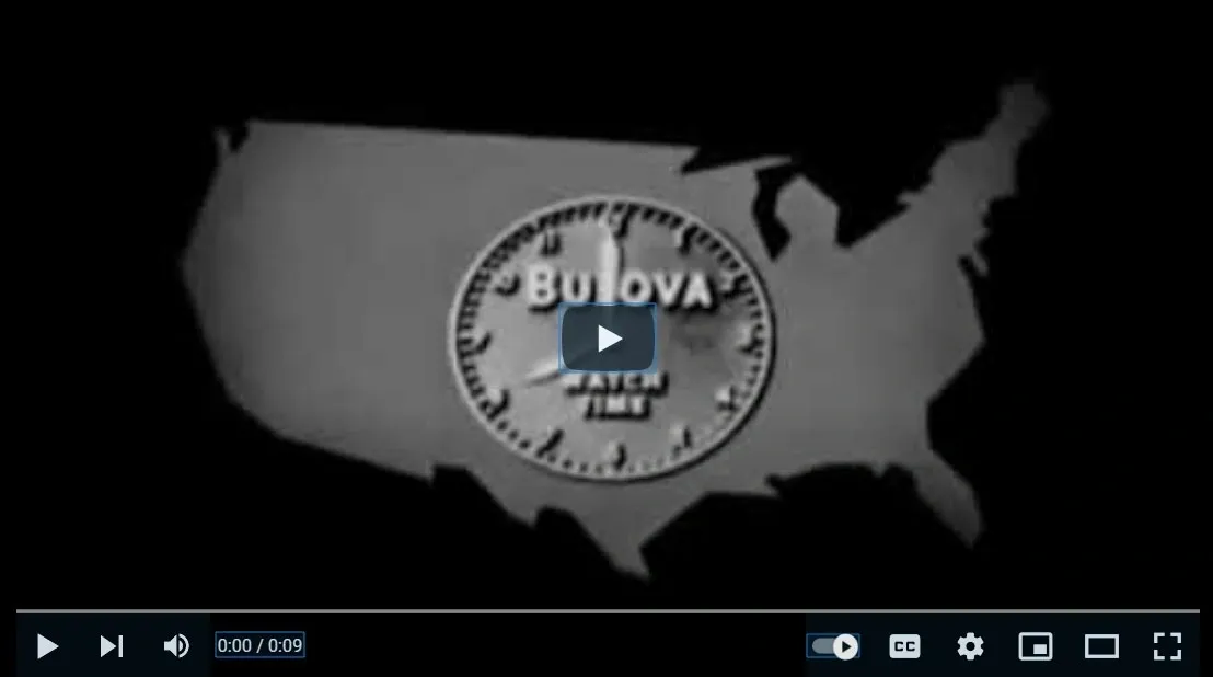 Bulova watch on US map with play button.