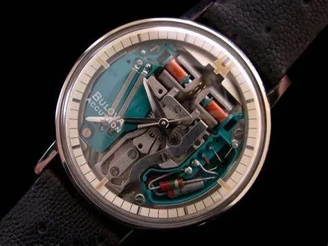 Bulova Accutron wristwatch with exposed mechanism.