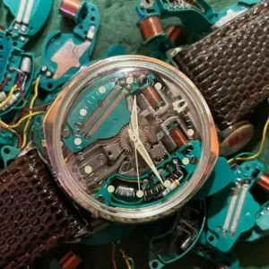 A watch is shown with many parts on it.