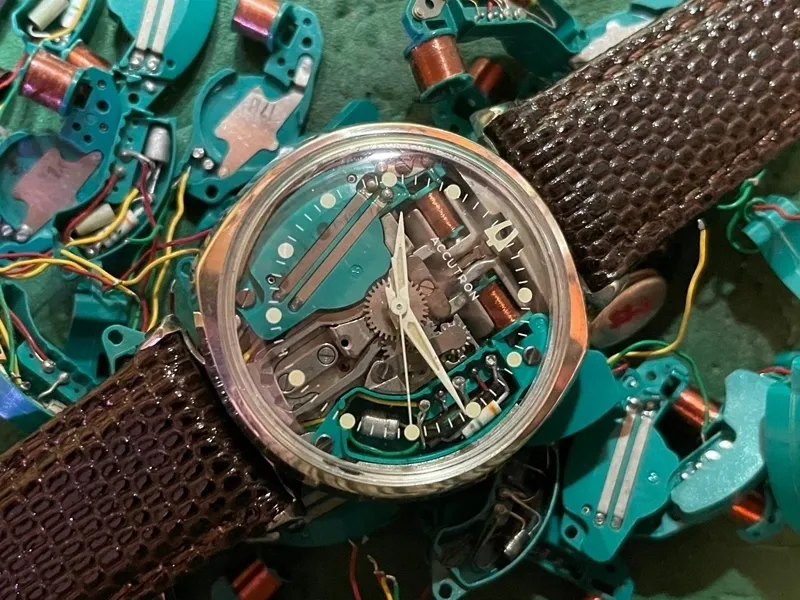 A watch is shown with many parts on it.