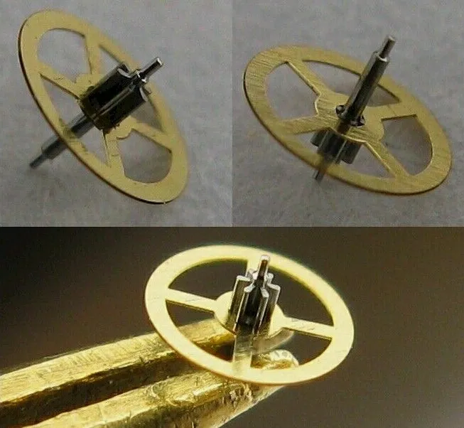 Gold watch gear with spokes and a pin.