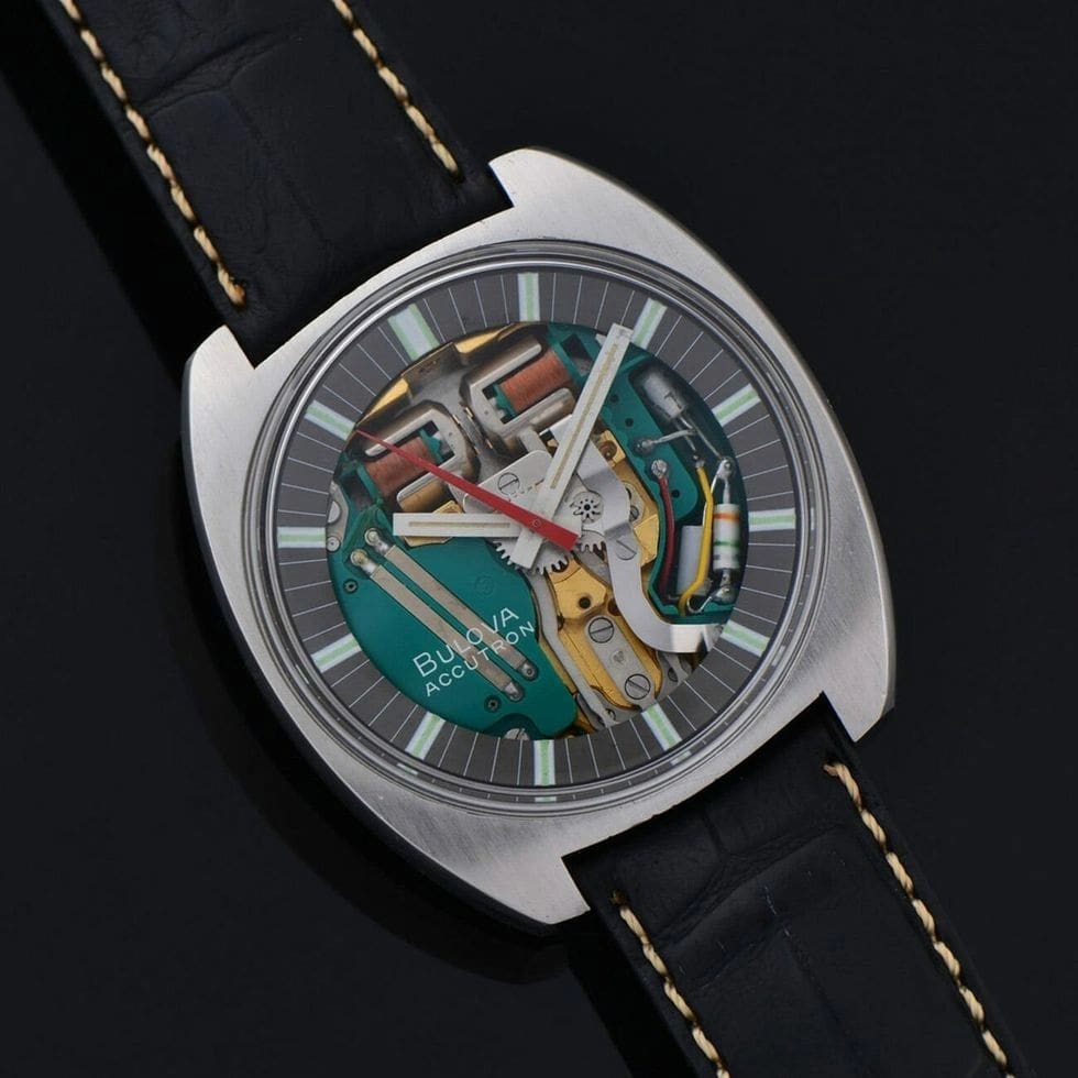 Bulova Accutron watch with exposed mechanism.