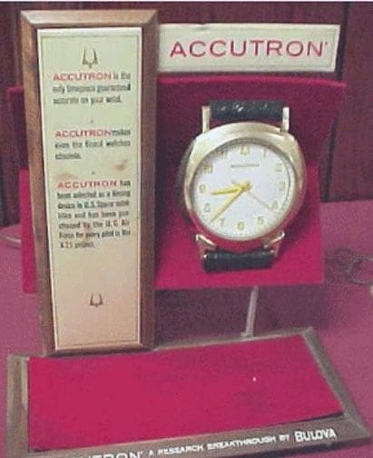 Bulova Accutron watch display with text.