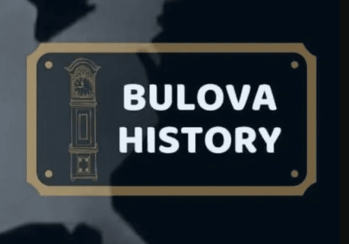 Bulova clock company history sign.