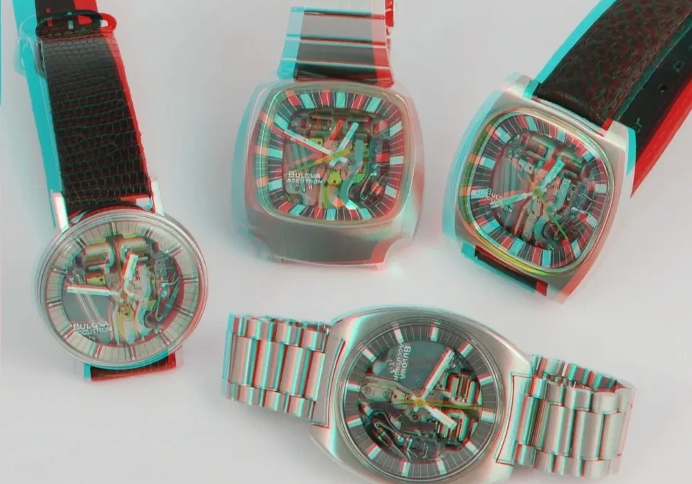 Three Bulova Accutron watches in 3D.