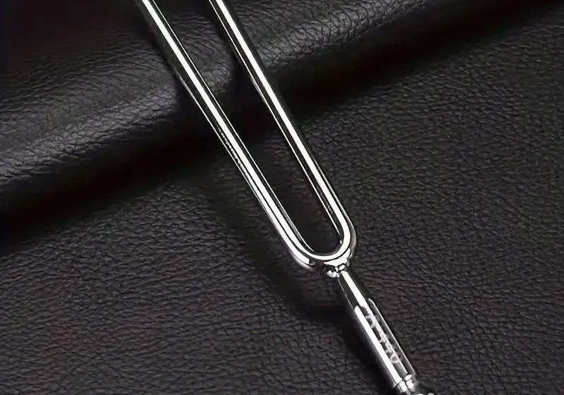 Silver tuning fork on black surface.