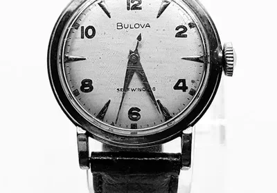 Black and white vintage Bulova wristwatch.