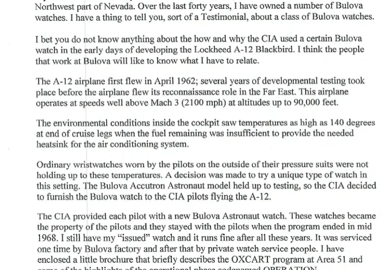 Letter from Frank Murray about Bulova watches.