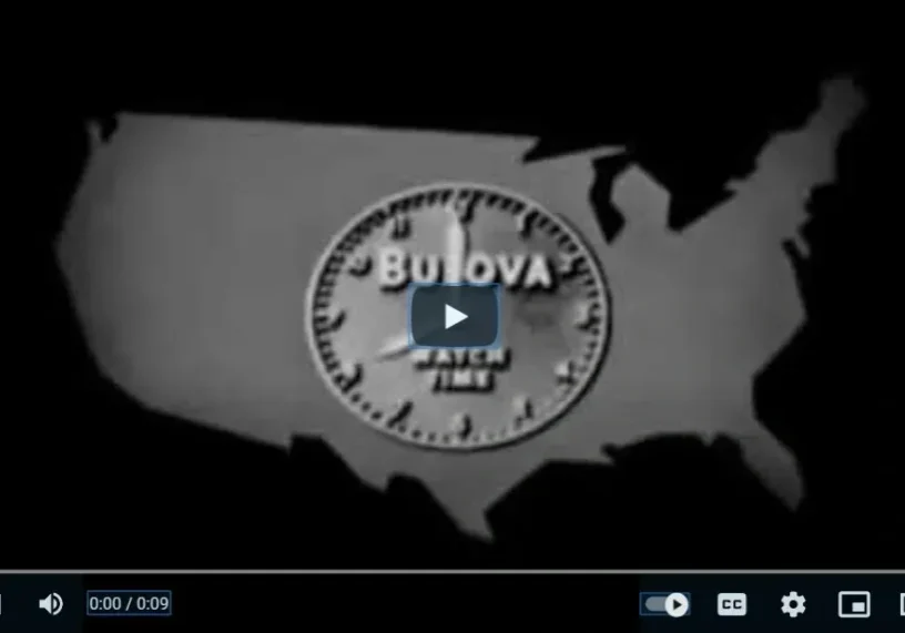 Bulova watch on US map with play button.