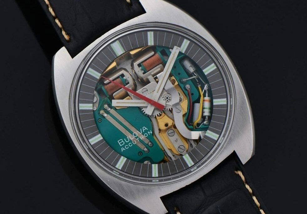 Bulova Accutron watch with exposed mechanism.