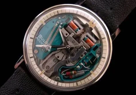 Bulova Accutron wristwatch with exposed mechanism.