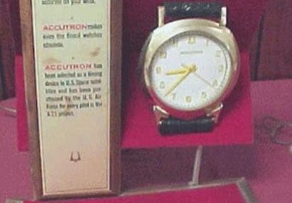 Bulova Accutron watch display with text.