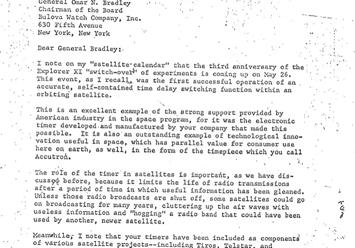 Letter from NASA Administrator James Webb to Bulova Watch Company.